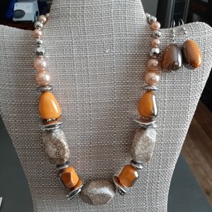 Brown orange tan silver bead necklace w/ earrings